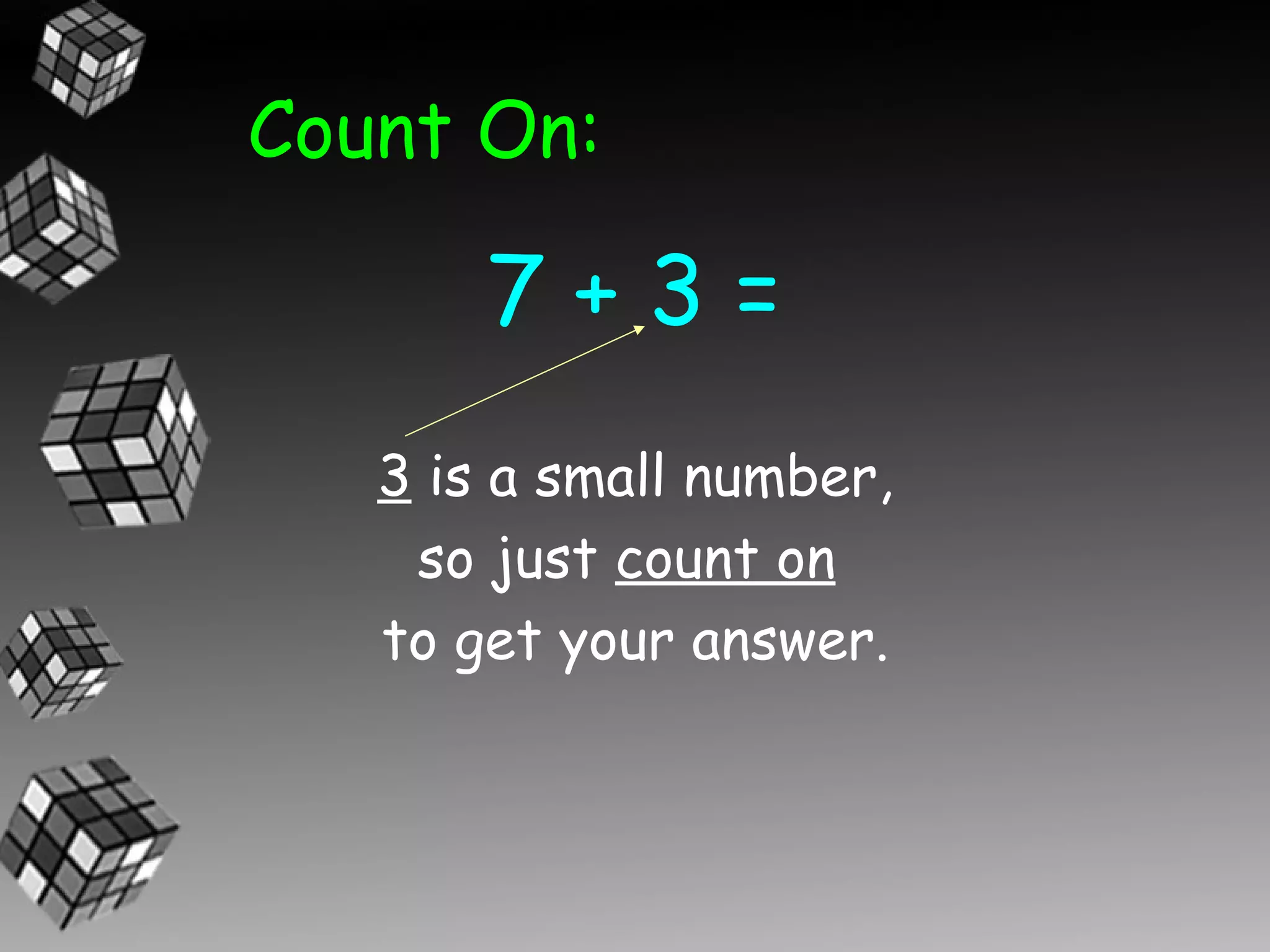 Count On:

       7+3=
   3 is a small number,
    so just count on
   to get your answer.
 
