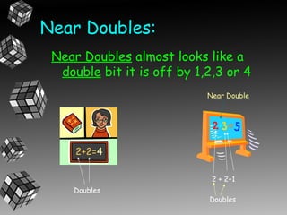 Near Doubles:
 Near Doubles almost looks like a
  double, but it is off by 1,2,3 or 4
                            Near Double




                             2 + 2+1
    Doubles
                            Doubles
 