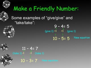Make a Friendly Number:
Some examples of “give/give” and
 “take/take”:
                      9 – 4= 5
                              (give 1) +1   +1   (give 1)


                                     10 – 5= 5         New equation



        11 – 4= 7
(take 1) -1   -1   (take 1)


       10 – 3= 7         New equation
 