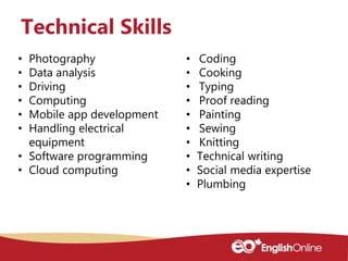 • Photography
• Data analysis
• Driving
• Computing
• Mobile app development
• Handling electrical
equipment
• Software programming
• Cloud computing
• Coding
• Cooking
• Typing
• Proof reading
• Painting
• Sewing
• Knitting
• Technical writing
• Social media expertise
• Plumbing
Technical Skills
 