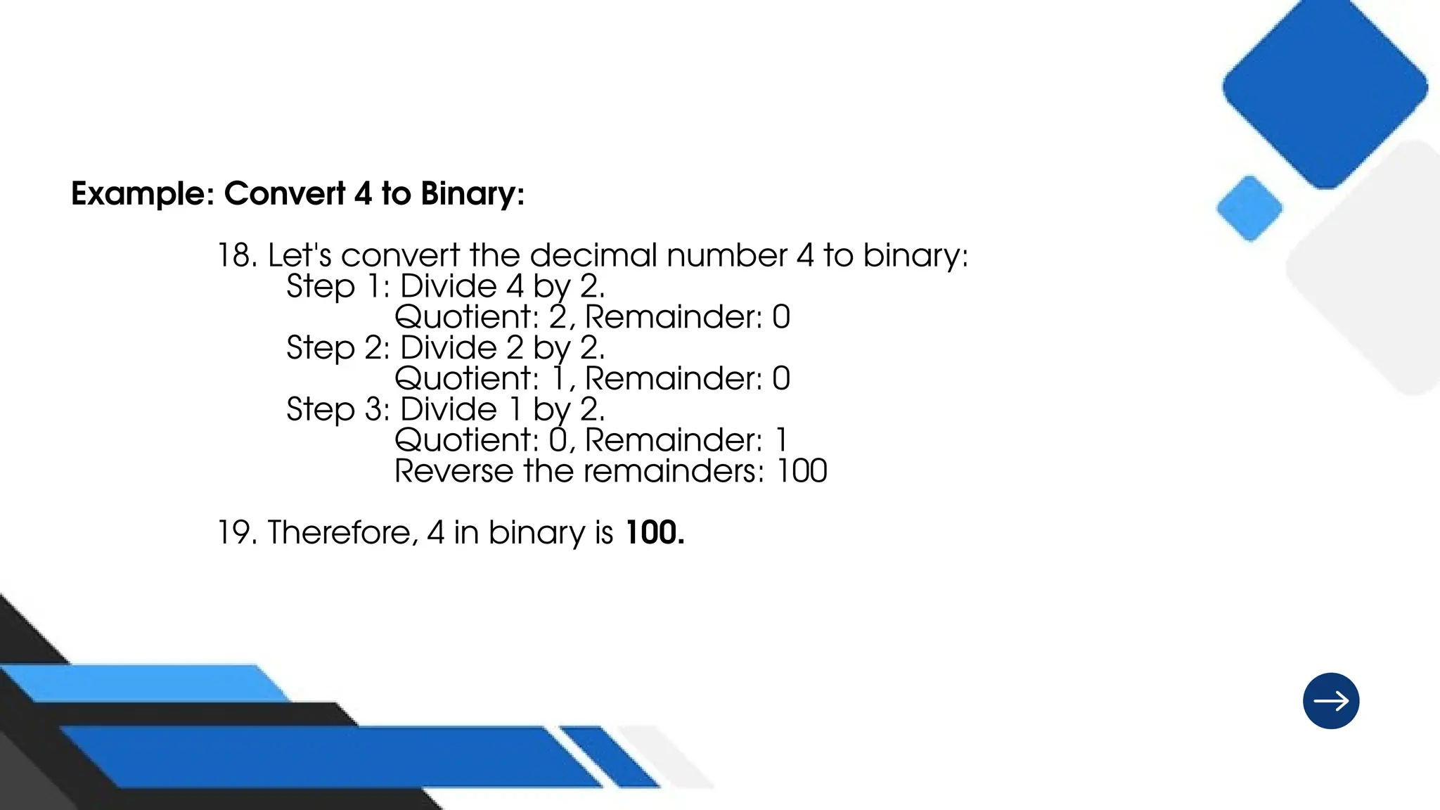 Example: Convert 4 to Binary:
18. Let's convert the decimal number 4 to binary:
Step 1: Divide 4 by 2.
Quotient: 2, Remainder: 0
Step 2: Divide 2 by 2.
Quotient: 1, Remainder: 0
Step 3: Divide 1 by 2.
Quotient: 0, Remainder: 1
Reverse the remainders: 100
19. Therefore, 4 in binary is 100.
 