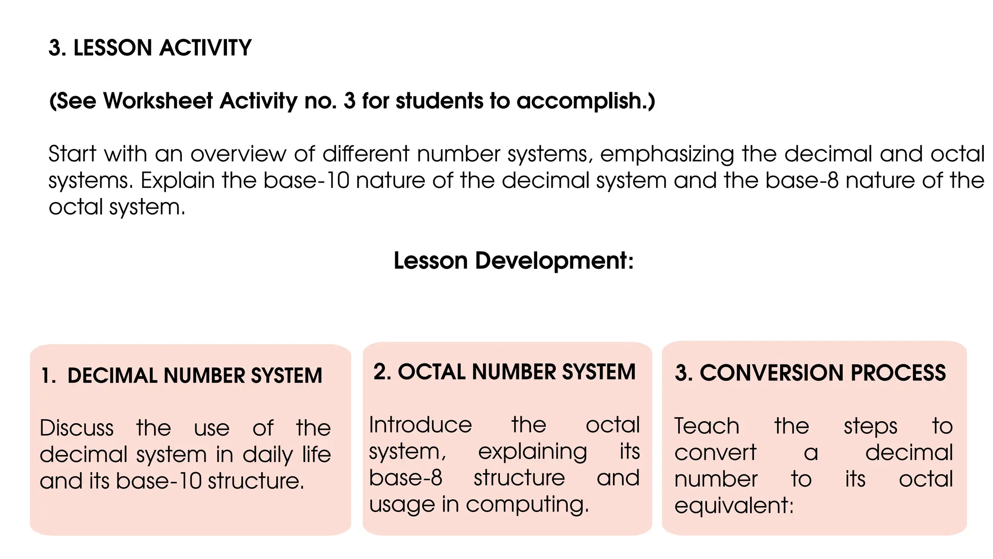 3. LESSON ACTIVITY
(See Worksheet Activity no. 3 for students to accomplish.)
Start with an overview of different number systems, emphasizing the decimal and octal
systems. Explain the base-10 nature of the decimal system and the base-8 nature of the
octal system.
Lesson Development:
1. DECIMAL NUMBER SYSTEM
Discuss the use of the
decimal system in daily life
and its base-10 structure.
2. OCTAL NUMBER SYSTEM
Introduce the octal
system, explaining its
base-8 structure and
usage in computing.
3. CONVERSION PROCESS
Teach the steps to
convert a decimal
number to its octal
equivalent:
 