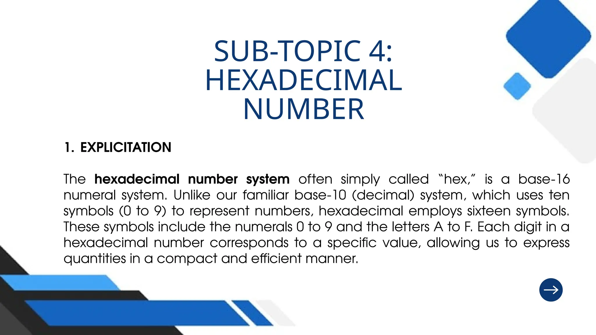 SUB-TOPIC 4:
HEXADECIMAL
NUMBER
1. EXPLICITATION
The hexadecimal number system often simply called “hex,” is a base-16
numeral system. Unlike our familiar base-10 (decimal) system, which uses ten
symbols (0 to 9) to represent numbers, hexadecimal employs sixteen symbols.
These symbols include the numerals 0 to 9 and the letters A to F. Each digit in a
hexadecimal number corresponds to a specific value, allowing us to express
quantities in a compact and efficient manner.
 