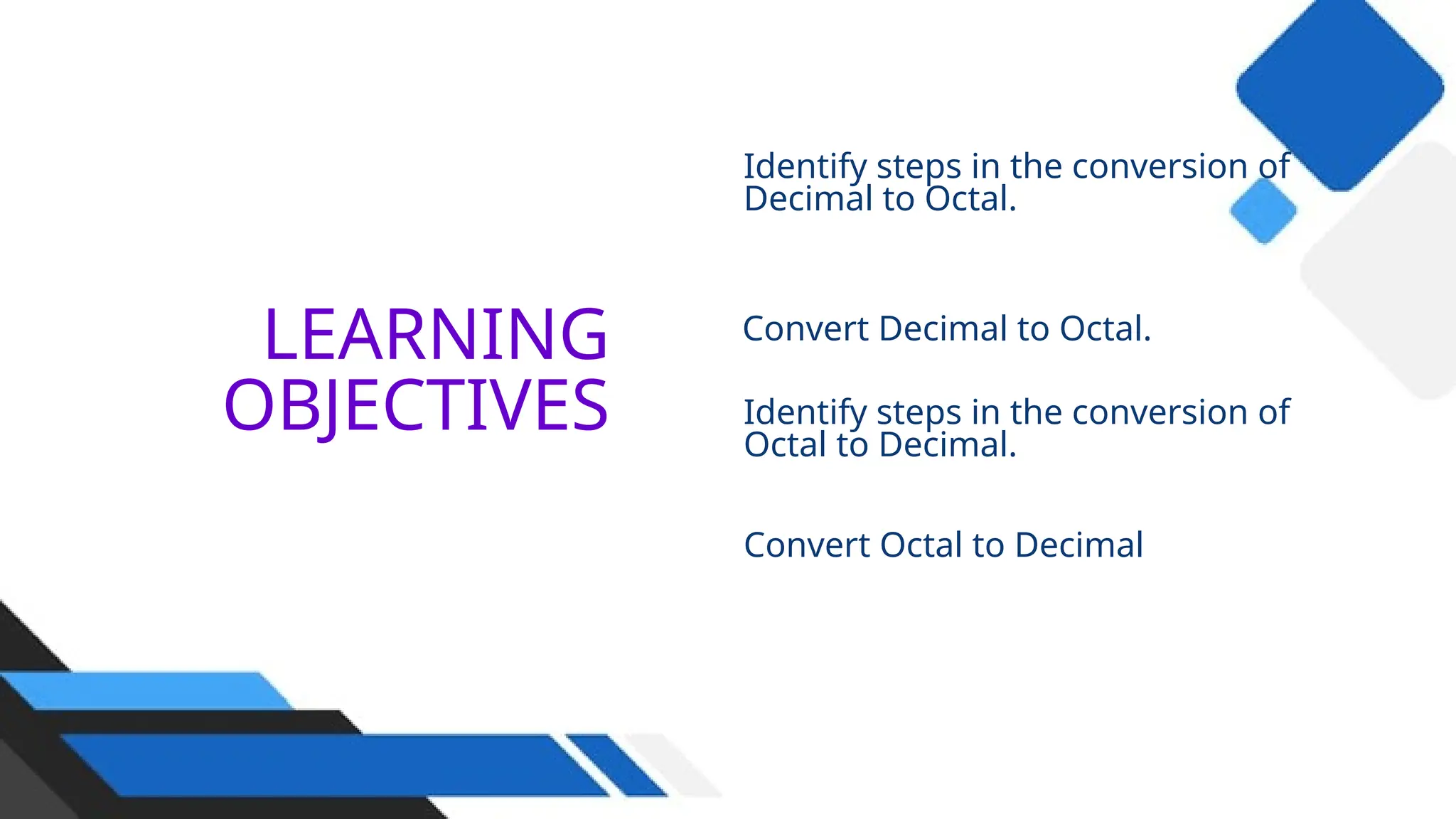 LEARNING
OBJECTIVES
Identify steps in the conversion of
Decimal to Octal.
06
Convert Decimal to Octal.
Identify steps in the conversion of
Octal to Decimal.
Convert Octal to Decimal
07
09
 