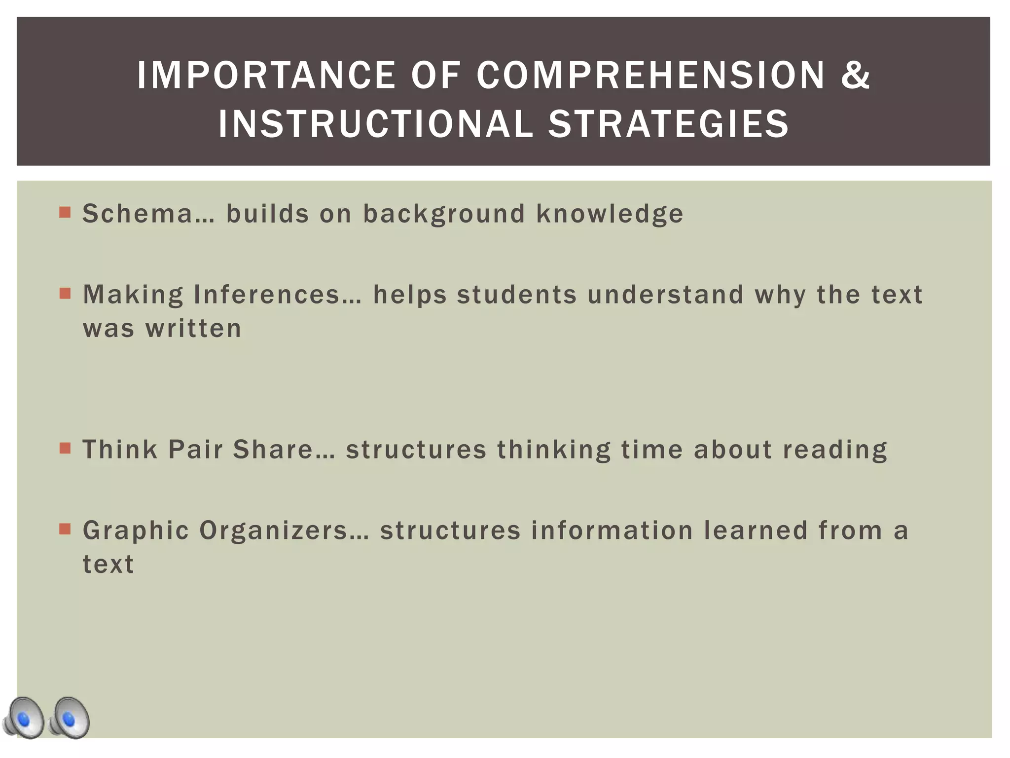  Schema… builds on background knowledge
 Making Inferences… helps students understand why the text
was written
 Think Pair Share… structures thinking time about reading
 Graphic Organizers… structures information learned from a
text
IMPORTANCE OF COMPREHENSION &
INSTRUCTIONAL STRATEGIES
 