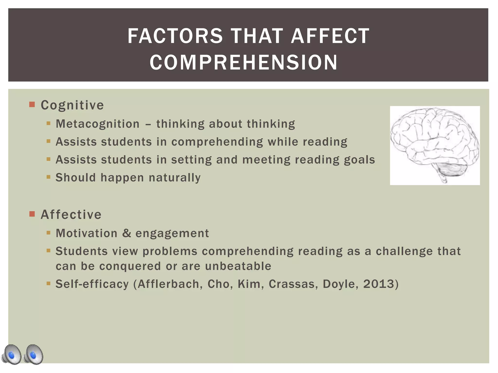  Cognitive
 Metacognition – thinking about thinking
 Assists students in comprehending while reading
 Assists students in setting and meeting reading goals
 Should happen naturally
 Affective
 Motivation & engagement
 Students view problems comprehending reading as a challenge that
can be conquered or are unbeatable
 Self-efficacy (Afflerbach, Cho, Kim, Crassas, Doyle, 2013)
FACTORS THAT AFFECT
COMPREHENSION
 