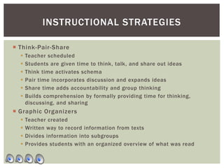  Think-Pair-Share
 Teacher scheduled
 Students are given time to think, talk, and share out ideas
 Think time activates schema
 Pair time incorporates discussion and expands ideas
 Share time adds accountability and group thinking
 Builds comprehension by formally providing time for thinking,
discussing, and sharing
 Graphic Organizers
 Teacher created
 Written way to record information from texts
 Divides information into subgroups
 Provides students with an organized overview of what was read
INSTRUCTIONAL STRATEGIES
 