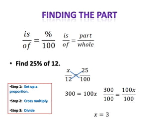 • Find 25% of 12.


•Step 1: Set up a
proportion.

•Step 2: Cross multiply.

•Step 3: Divide
 