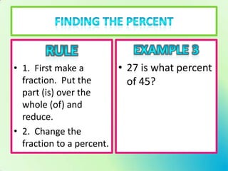 • 1. First make a        • 27 is what percent
  fraction. Put the        of 45?
  part (is) over the
  whole (of) and
  reduce.
• 2. Change the
  fraction to a percent.
 
