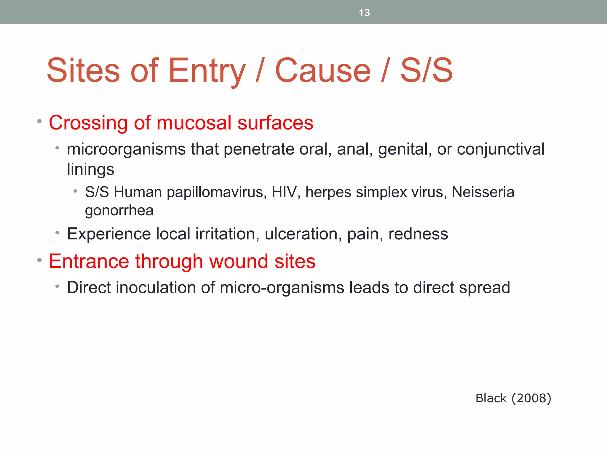 13

Sites of Entry / Cause / S/S
• Crossing of mucosal surfaces
• microorganisms that penetrate oral, anal, genital, or conjunctival
linings
• S/S Human papillomavirus, HIV, herpes simplex virus, Neisseria

gonorrhea
• Experience local irritation, ulceration, pain, redness

• Entrance through wound sites
• Direct inoculation of micro-organisms leads to direct spread

Black (2008)

 