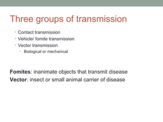 Three groups of transmission
• Contact transmission
• Vehicle/ fomite transmission
• Vector transmission
• Biological or mechanical

Fomites: inanimate objects that transmit disease
Vector: insect or small animal carrier of disease

 