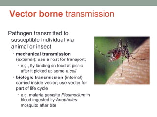 Vector borne transmission
Pathogen transmitted to
susceptible individual via
animal or insect.
• mechanical transmission

(external): use a host for transport;
• e.g., fly landing on food at picnic
after it picked up some e.coli
• biologic transmission (internal)
carried inside vector; use vector for
part of life cycle
• e.g. malaria parasite Plasmodium in
blood ingested by Anopheles
mosquito after bite

 