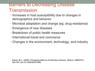 Barriers to Decreasing Disease
Transmission
• Increases in host susceptibility due to changes in
•
•
•
•
•

demographics and behavior
Microbial adaptation and change (eg. drug resistance)
Emergence of new diseases
Breakdown of public health measures
International travel and commerce
Changes in the environment, technology, and industry

Cohen, M. L. (2000). Changing patterns of infectious disease. Nature, 406(6797),
762-767. doi:10.1038/35021206)
22

 