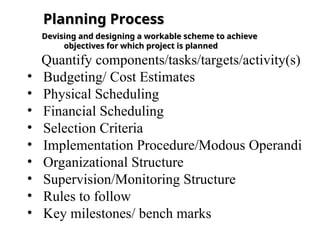 Planning Process
Planning Process
Devising and designing a workable scheme to achieve
Devising and designing a workable scheme to achieve
objectives for which project is planned
objectives for which project is planned
Quantify components/tasks/targets/activity(s)
• Budgeting/ Cost Estimates
• Physical Scheduling
• Financial Scheduling
• Selection Criteria
• Implementation Procedure/Modous Operandi
• Organizational Structure
• Supervision/Monitoring Structure
• Rules to follow
• Key milestones/ bench marks
 
