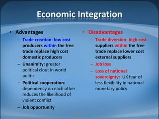 Economic IntegrationAdvantagesTrade creation: low cost producers within the free trade replace high cost domestic producersUnanimity: greater political clout in world politicPolitical cooperation: dependency on each other reduces the likelihood of  violent conflictJob opportunityDisadvantagesTrade diversion: high cost suppliers within the free trade replace lower cost external suppliersJob lossLoss of national sovereignty:  UK fear of less flexibility in national monetary policyMIB, BBA 201016