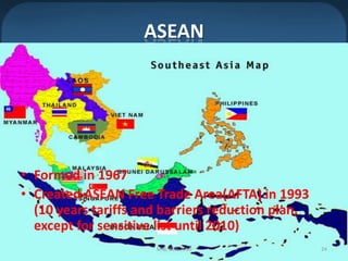 ASEANFormed in 1967Created ASEAN Free Trade Area(AFTA) in 1993 (10 years tariffs and barriers reduction plan, except for sensitive list until 2010)MIB, BBA 201024