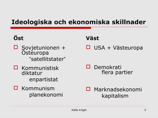 Kalla kriget 3
Ideologiska och ekonomiska skillnader
Väst
 USA + Västeuropa
 Demokrati
flera partier
 Marknadsekonomi
kapitalism
Öst
 Sovjetunionen +
Östeuropa
”satellitstater”
 Kommunistisk
diktatur
enpartistat
 Kommunism
planekonomi
 