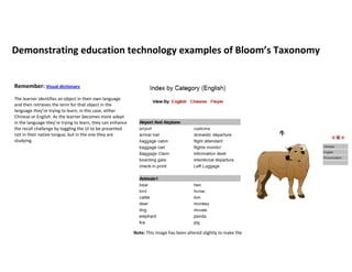 Demonstrating education technology examples of Bloom’s Taxonomy


Remember: Visual dictionary
The learner identifies an object in their own language
and then retrieves the term for that object in the
language they’re trying to learn, in this case, either
Chinese or English. As the learner becomes more adept
in the language they’re trying to learn, they can enhance
the recall challenge by toggling the UI to be presented
not in their native tongue, but in the one they are
studying.




                                                            Note: This image has been altered slightly to make the
 