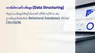 การจัดโครงสร้างข้อมูล (Data Structuring)
จัดรูปแบบข้อมูลให้อยู่ในโครงสร้างที่ใช้งานได้ง่าย เช่น
ฐานข้อมูลเชิงสัมพันธ์ (Relational Database) หรือไฟล์
CSV/JSON
 
