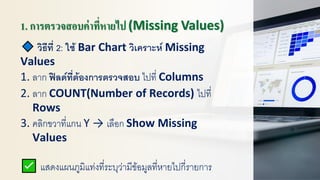1. การตรวจสอบค่าที่หายไป (Missing Values)
วิธีที่ 2: ใช้ Bar Chart วิเคราะห์ Missing
Values
1. ลาก ฟิลด์ที่ต้องการตรวจสอบ ไปที่ Columns
2. ลาก COUNT(Number of Records) ไปที่
Rows
3. คลิกขวาที่แกน Y → เลือก Show Missing
Values
แสดงแผนภูมิแท่งที่ระบุว่ามีข้อมูลที่หายไปกี่รายการ
 