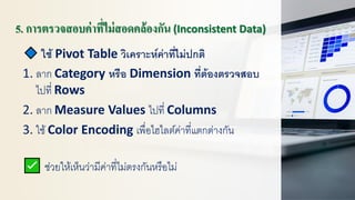 5. การตรวจสอบค่าที่ไม่สอดคล้องกัน (Inconsistent Data)
ใช้ Pivot Table วิเคราะห์ค่าที่ไม่ปกติ
1. ลาก Category หรือ Dimension ที่ต้องตรวจสอบ
ไปที่ Rows
2. ลาก Measure Values ไปที่ Columns
3. ใช้ Color Encoding เพื่อไฮไลต์ค่าที่แตกต่างกัน
ช่วยให้เห็นว่ามีค่าที่ไม่ตรงกันหรือไม่
 