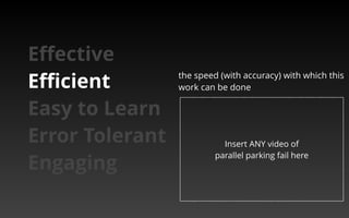 the speed (with accuracy) with which this 
work can be done 
Effective 
Efficient 
Easy to Learn 
Error Tolerant 
Engaging 
Insert ANY video of 
parallel parking fail here 
 