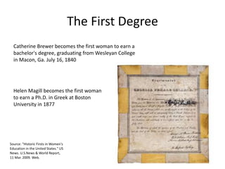 The First Degree
Catherine Brewer becomes the first woman to earn a
bachelor's degree, graduating from Wesleyan College
in Macon, Ga. July 16, 1840
Helen Magill becomes the first woman
to earn a Ph.D. in Greek at Boston
University in 1877
Source: "Historic Firsts in Women's
Education in the United States." US
News. U.S.News & World Report,
11 Mar. 2009. Web.
 