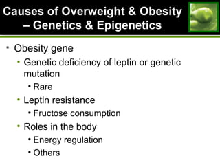 Causes of Overweight & ObesityCauses of Overweight & Obesity
– Genetics & Epigenetics– Genetics & Epigenetics
• Obesity gene
• Genetic deficiency of leptin or genetic
mutation
• Rare
• Leptin resistance
• Fructose consumption
• Roles in the body
• Energy regulation
• Others
 