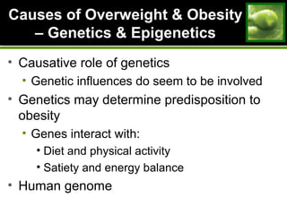 Causes of Overweight & ObesityCauses of Overweight & Obesity
– Genetics & Epigenetics– Genetics & Epigenetics
• Causative role of genetics
• Genetic influences do seem to be involved
• Genetics may determine predisposition to
obesity
• Genes interact with:
• Diet and physical activity
• Satiety and energy balance
• Human genome
 