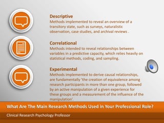 Descriptive
Methods implemented to reveal an overview of a
transitory state, such as surveys, naturalistic
observation, case studies, and archival reviews .
Experimental
Methods implemented to derive causal relationships,
are fundamentally ‘the creation of equivalence among
research participants in more than one group, followed
by an active manipulation of a given experience for
these groups and a measurement of the influence of the
manipulation’.
What Are The Main Research Methods Used in Your Professional Role?
Clinical Research Psychology Professor
Correlational
Methods intended to reveal relationships between
variables in a predictive capacity, which relies heavily on
statistical methods, coding, and sampling.
 