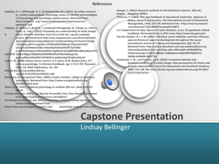 Capstone Presentation
Lindsay Bellinger
References
Appleby, D. C., Millspaugh, B. S., & Hammersley, M.J. (2011). An online resource
to enable undergraduate psychology majors to identify and investigate
172 psychology and psychology related careers. Retrieved from:
http:teachpsych .org/ resources/Documents/otrp/resources/
appleby11.pdf
Callahan, D., Wilson, E. Birdsall, I., Estabrook-Fishinghawk, B., Carson, G., Ford, S.,
Ouzts, K., Yob, I. (2012). Expanding our understanding of social change:
A report from the definition task force of the HLC special emphasis
project. Retrieved from http://my.campuscruiser.com/StreamServlet/
Special+Emphasis+Expanding+Our+Understanding+of+Social+Change
+2012July.pdf?n=fmgr&ts=1379010387220&sig=ZZ4miUxI7ulC9
eJU1p1xv5H4We%3D&v=H4sIAAAAAAAAAK2MTQrCMBS
ErxIvYNJAFy6yqnUhWoXQdXikL23gNQ1JC3p7488R3Mw3MwzjNqI7rJPi1
vKmOXlC %2FpYrBBgxCW6MjfJQF0ZMlRBV8%2FIWnAd0Xog1s5x
guwzax8RwuDDyG5bYn0YMOX11yyO6eUzbyYIIzIpKnne6LmP
Collier, W. (2008). Nature versus nurture. In S. Davis, & W. Buskist (Eds.), 21st
century psychology: A reference handbook. (pp. II-72-II-79). Thousand
Oaks, CA: SAGE Publications, Inc. doi:
http:dx.doi.org.ezp.waldenulibrary
.org/10.4135/9781412956321.n60
Dictionary of Occupational Titles. (2003). Faculty member, college or university
(education). Retrieved from: http://www.occupationalinfo.org/
09/090227010.html
Myers, D. G. (2011). Exploring psychology in modules (8th ed.). New York, NY:
Worth
Outofservice.com. (2015). The Big Five Personality Test, [Your Results]. Retrieved
from: http://www.outofservice.com/bigfive/
Psychologycareercenter.org. (2015). Psychology professor among top jobs in the
United States. Retrieved from:
http://www.psychologycareercenter.org/ psychology-professor-jobs.html
Stangor, C. (2011). Research methods for the behavioral sciences. (4th ed.).
Boston Houghton Mifflin.
Thomson, P. (2005). The sage handbook of educational leadership. advances in
theory, research and practice. The International Journal of Educational
Management, 19(6), 533-536. Retrieved from: http://search.proquest
.com/docview/ 229136938?accountid=14872
U.S. Department of Labor, Bureau of Labor Statistics. (n.d.). Occupational outlook
handbook. Retrieved March 3, 2015, from http://www.bls.gov/ooh/
Van der Heijden, B. I. J. M. (2002). Individual career initiatives and their influence
upon professional expertise development throughout the career.
International Journal of Training and Development, 6(2), 54–79.
Retrieved from: http://web.b.ebscohost.com.ezp.waldenulibrary.org
/ehost/detail/detail?sid=e3c310ac-c9bc-44f2-b699-e070b909f75c
%40sessionmgr112&vid=0&hid=118&bdata=JnNjb3BlPXNpdGU%
3d#db=bth&AN=6632794
Vondracek, F. W., and Ferreira, J.A.G. (2010). Vocational behavior and
development in times of social change: New perspectives for theory and
practice. International Journal for Educational and Vocational Guidance,
10(2), 125-138. Doi: http://dx.doi.org.ezp.waldenulibrary.org/10.1007/
s10775-010-9176-x
 