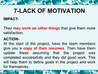 7-LACK OF MOTIVATION
IMPACT-
They may work on other things that give them more
satisfaction.
ACTION-
At the start of the project, have the team members
give you a copy of their resumes. Then have them
update these assuming that the project was
completed successfully and they did good work. This
will help them to define goals in the project and work
for themselves.
 