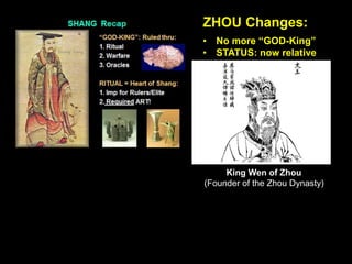 ZHOU Changes:
• No more “GOD-King”
• STATUS: now relative
King Wen of Zhou
(Founder of the Zhou Dynasty)
 