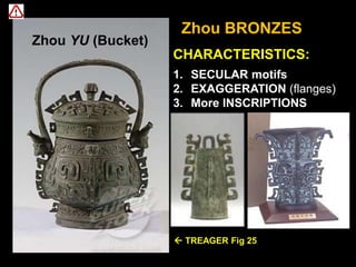 Zhou BRONZES
CHARACTERISTICS:
1. SECULAR motifs
2. EXAGGERATION (flanges)
3. More INSCRIPTIONS
 TREAGER Fig 25
Zhou YU (Bucket)
Zhou YU (Bucket)
 