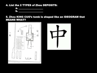 4. List the 2 TYPES of Zhou DEPOSITS:
a. ____________________
b. ____________________
5. Zhou KING CUO’s tomb is shaped like an IDEOGRAM that
MEANS WHAT?
 
