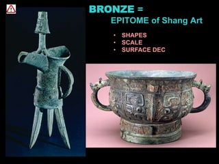 BRONZE =
EPITOME of Shang Art
• SHAPES
• SCALE
• SURFACE DEC
 
