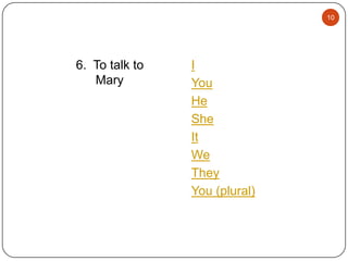 10

6. To talk to
Mary

I
You
He
She
It
We
They
You (plural)

 