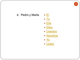22

4. Pedro y Marta

 Él
 Tú
 Ella
 Ellos
 Ustedes

 Nosotros
 Yo
 Usted

 
