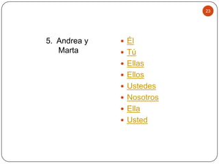 23

5. Andrea y
Marta

 Él
 Tú
 Ellas
 Ellos
 Ustedes

 Nosotros
 Ella
 Usted

 