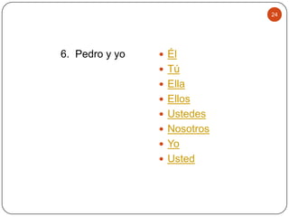 24

6. Pedro y yo

 Él
 Tú
 Ella
 Ellos
 Ustedes

 Nosotros
 Yo
 Usted

 