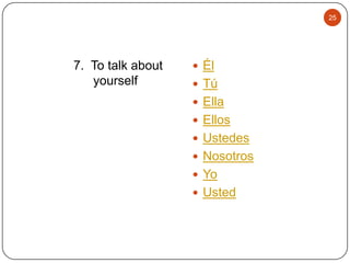 25

7. To talk about
yourself

 Él
 Tú
 Ella
 Ellos
 Ustedes

 Nosotros
 Yo
 Usted

 