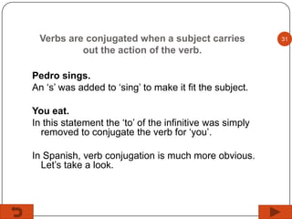 Verbs are conjugated when a subject carries
out the action of the verb.

Pedro sings.
An ‘s’ was added to ‘sing’ to make it fit the subject.
You eat.
In this statement the ‘to’ of the infinitive was simply
removed to conjugate the verb for ‘you’.
In Spanish, verb conjugation is much more obvious.
Let’s take a look.

31

 