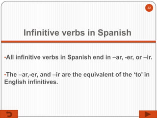 32

Infinitive verbs in Spanish
•All infinitive verbs in Spanish end in –ar, -er, or –ir.
•The –ar,-er, and –ir are the equivalent of the ‘to’ in

English infinitives.

 