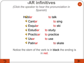 -AR infinitives
(Click the speaker to hear the pronunciation in
Spanish)

Hablar
Cantar
Esquiar
Estudiar
Practicar
Usar
Patinar

to talk
to sing
to ski
to study
to practice
to use
to skate

Notice the stem of the verb is in black the ending is
in red.

34

 