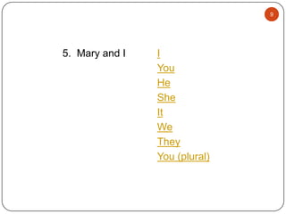 9

5. Mary and I

I
You
He
She
It
We
They
You (plural)

 