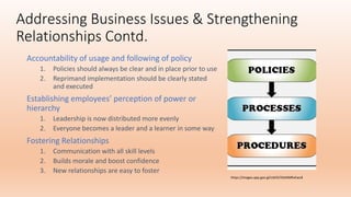 Addressing Business Issues & Strengthening
Relationships Contd.
Accountability of usage and following of policy
1. Policies should always be clear and in place prior to use
2. Reprimand implementation should be clearly stated
and executed
Establishing employees’ perception of power or
hierarchy
1. Leadership is now distributed more evenly
2. Everyone becomes a leader and a learner in some way
Fostering Relationships
1. Communication with all skill levels
2. Builds morale and boost confidence
3. New relationships are easy to foster
https://images.app.goo.gl/UJk5S7XJAXMRvEwc8
 