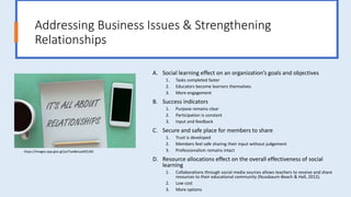 Addressing Business Issues & Strengthening
Relationships
A. Social learning effect on an organization’s goals and objectives
1. Tasks completed faster
2. Educators become learners themselves
3. More engagement
B. Success indicators
1. Purpose remains clear
2. Participation is constant
3. Input and feedback
C. Secure and safe place for members to share
1. Trust is developed
2. Members feel safe sharing their input without judgement
3. Professionalism remains intact
D. Resource allocations effect on the overall effectiveness of social
learning
1. Collaborations through social media sources allows teachers to receive and share
resources to their educational community (Nussbaum-Beach & Hall, 2012).
2. Low cost
3. More options
https://images.app.goo.gl/ysJ7yw8eiuqWZzJS6
 