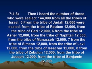 7:4-8) Then I heard the number of those who were sealed: 144,000 from all the tribes of Israel. 5 From the tribe of Judah 12,000 were sealed, from the tribe of Reuben 12,000, from the tribe of Gad 12,000, 6 from the tribe of Asher 12,000, from the tribe of Naphtali 12,000, from the tribe of Manasseh 12,000, 7 from the tribe of Simeon 12,000, from the tribe of Levi 12,000, from the tribe of Issachar 12,000, 8 from the tribe of Zebulun 12,000, from the tribe of Joseph 12,000, from the tribe of Benjamin 12,000. 