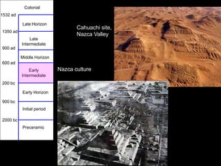 Colonial
1532 ad

          Late Horizon
                                  Cahuachi site,
1350 ad
                                  Nazca Valley
              Late
          Intermediate
900 ad

          Middle Horizon
600 ad
              Early        Nazca culture
          Intermediate
200 bc

          Early Horizon

900 bc
          Initial period

2000 bc
          Preceramic
 