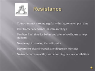  Co-teachers not meeting regularly during common plan time
 Poor teacher attendance for team meetings
 Teachers limit time for before and after school hours to help
students
 No attempt to develop thematic units
 Department chairs stopped attending team meetings
 No teacher accountability for performing new responsibilities
 
